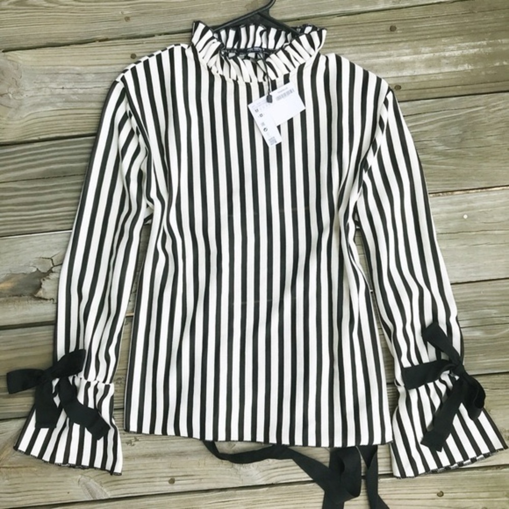 Zara Black and White Striped Blouse with Ruffle Neck